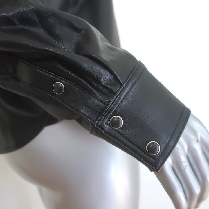 Veronica Beard Aderes Faux Leather Snap-Front Shirt Black Size 10 NEW
