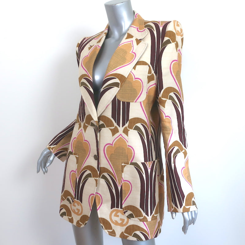 Gucci Love Parade Interlocking G Print Blazer Jacket Beige Linen Size 44