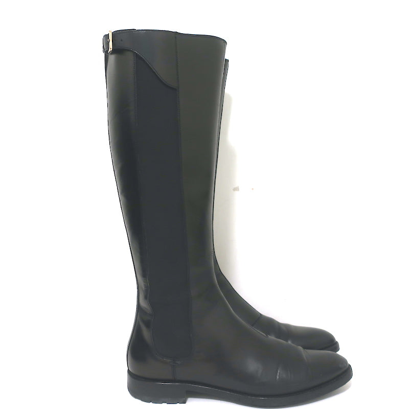 Sergio Rossi Knee High Flat Riding Boots Black Leather Size 39