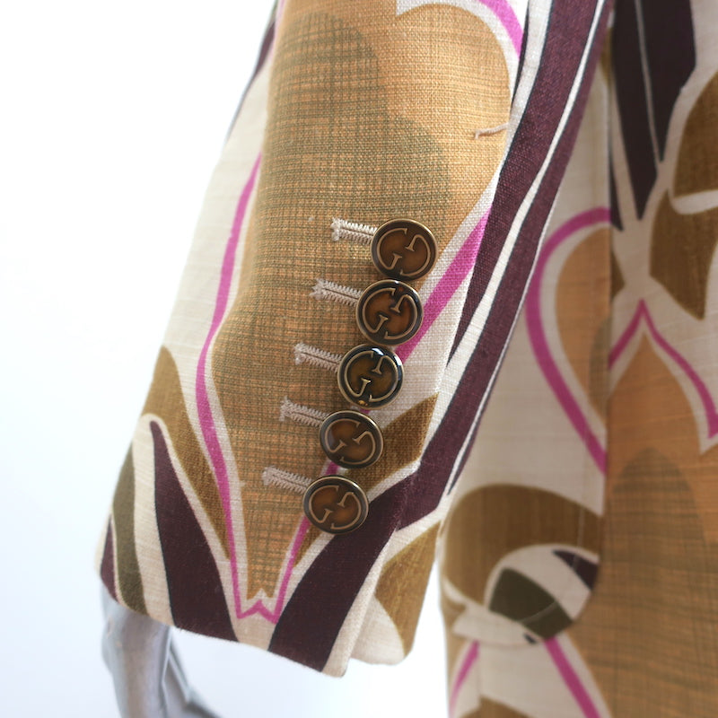 Gucci Love Parade Interlocking G Print Blazer Jacket Beige Linen Size 44