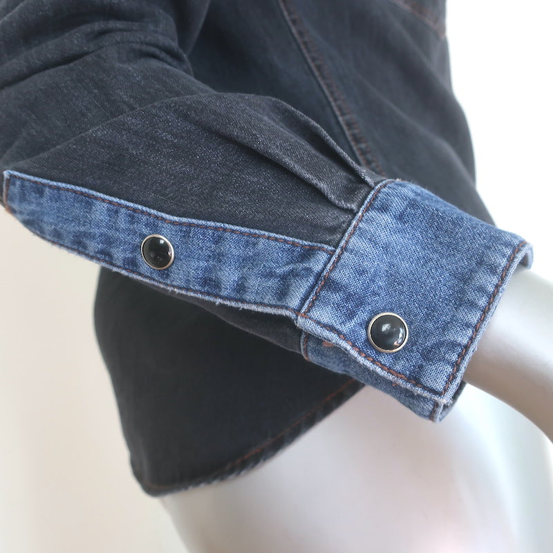Veronica Beard Noah Colorblock Denim Shirt Black/Blue Size 00 Long Sleeve Top