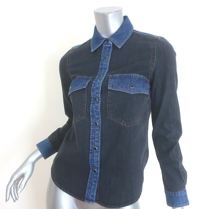 Veronica Beard Noah Colorblock Denim Shirt Black/Blue Size 00 Long Sleeve Top