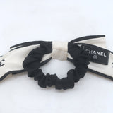 Chanel Coco Mark CC Bow Scrunchie Cream & Black Silk Twill Ponytail Holder