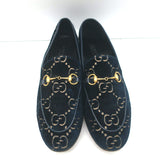 Gucci Jordaan GG Embroidered Velvet Horsebit Loafers Navy/Gold Size 39