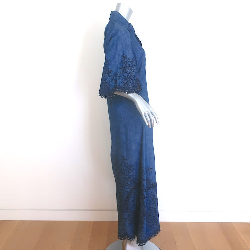 Zimmermann Coco Embroidered Denim Midi Dress Railway Blue Size 0 NEW