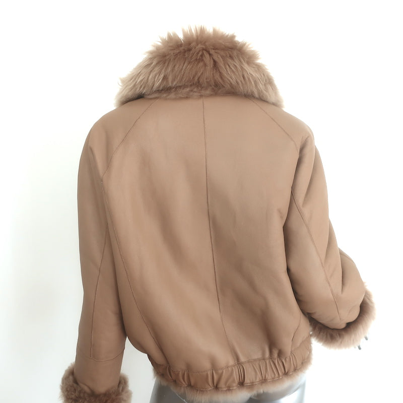 Pre-owned Zeynep Arcay reversible shearling and leather bomber jacket in beige, authentic luxury designer piece