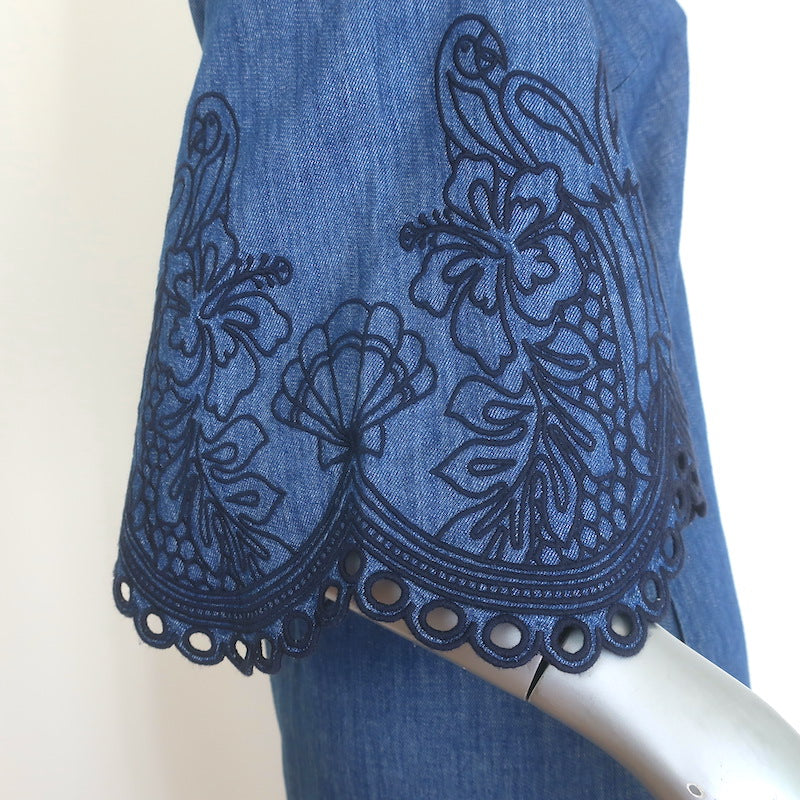 Zimmermann Coco Embroidered Denim Midi Dress Railway Blue Size 0 NEW