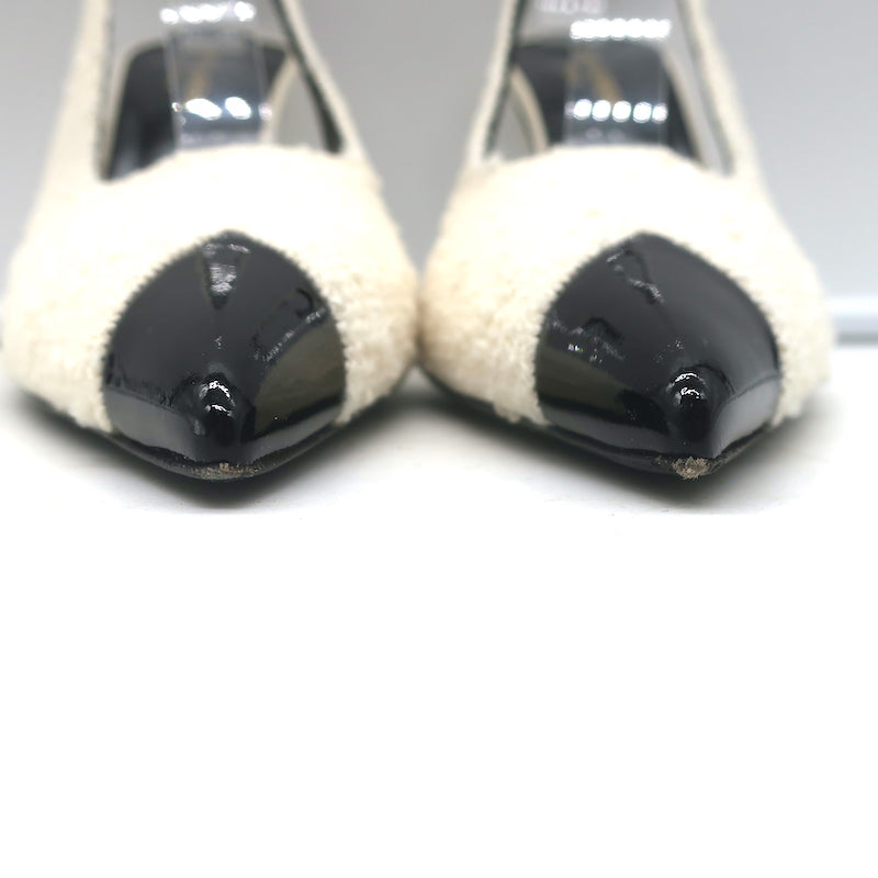 Saint Laurent Vesper Boucle Tweed Cap Toe Slingback Pumps Cream/Black Size 38