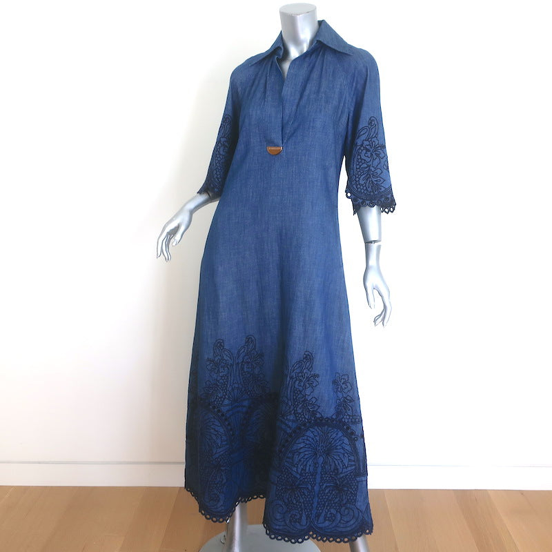 Zimmermann Coco Embroidered Denim Midi Dress Railway Blue Size 0 NEW