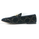 Gucci Jordaan GG Embroidered Velvet Horsebit Loafers Navy/Gold Size 39
