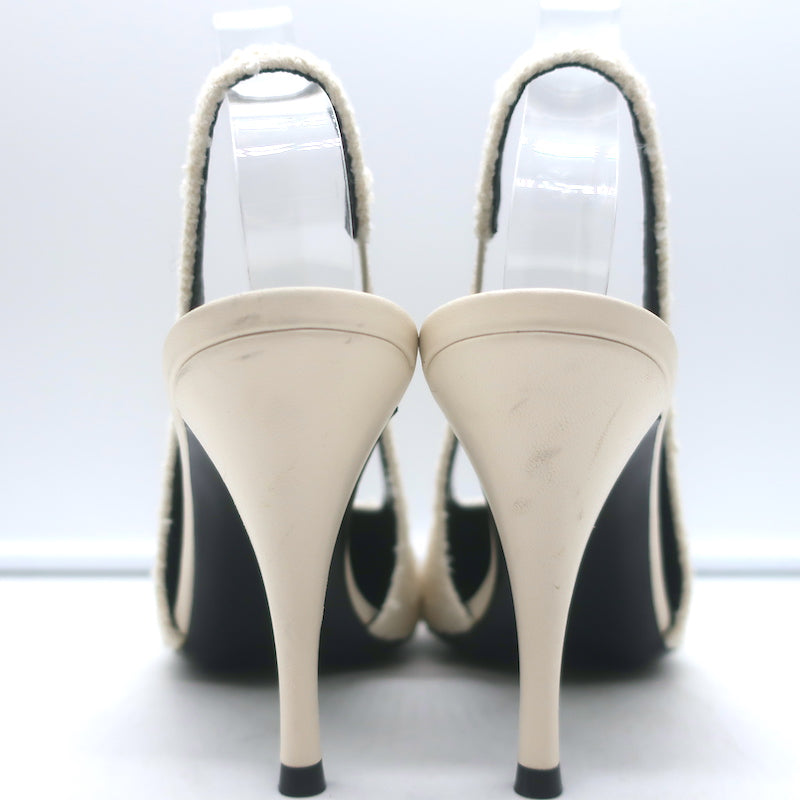 Saint Laurent Vesper Boucle Tweed Cap Toe Slingback Pumps Cream/Black Size 38