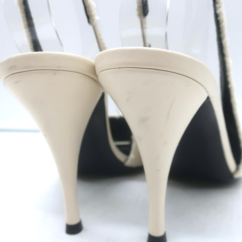 Saint Laurent Vesper Boucle Tweed Cap Toe Slingback Pumps Cream/Black Size 38