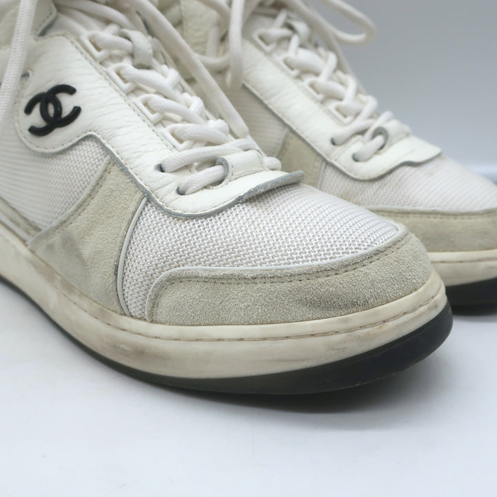 Chanel 22P High Top Sneakers White Mesh &amp; Ecru Suede Size 38