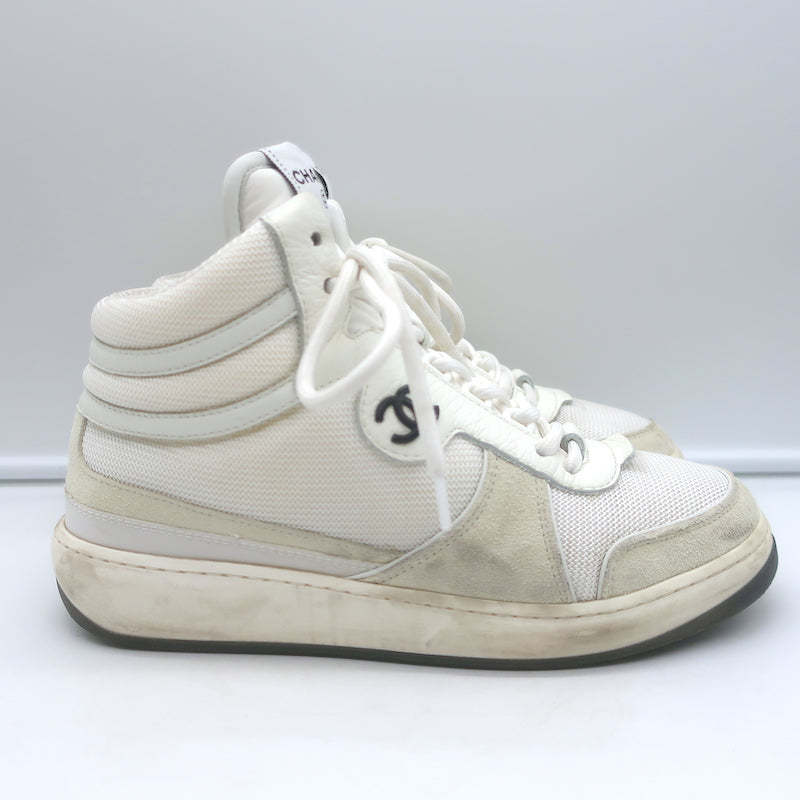 Chanel 22P High Top Sneakers White Mesh &amp; Ecru Suede Size 38