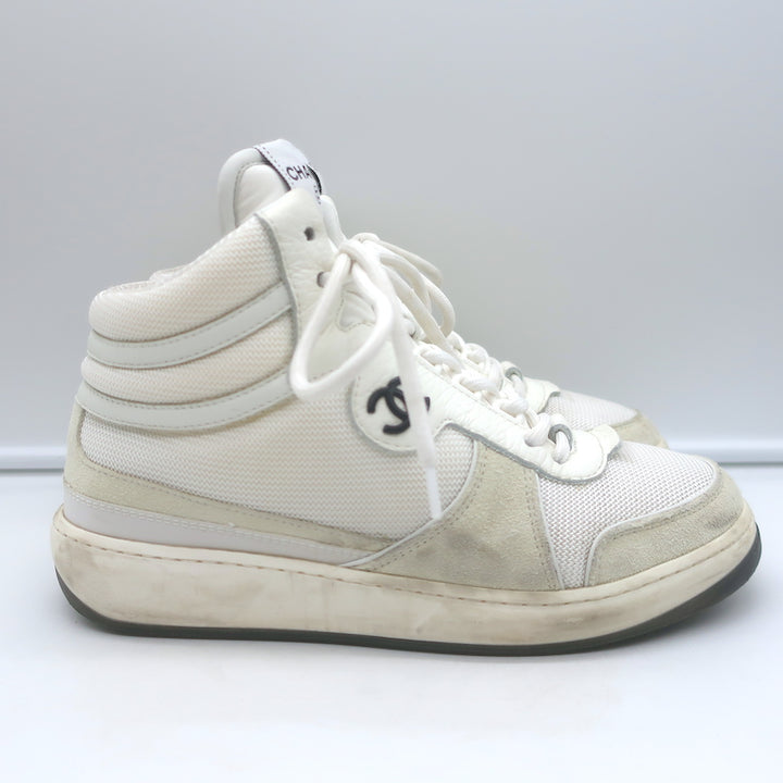 Chanel 22P High Top Sneakers White Mesh &amp; Ecru Suede Size 38