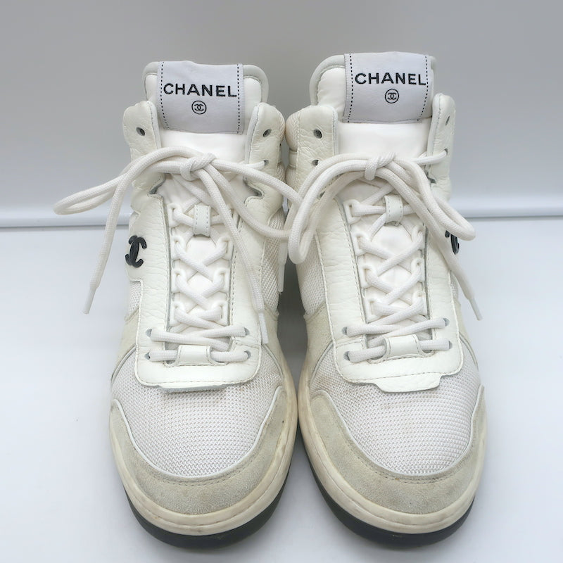 Chanel 22P High Top Sneakers White Mesh &amp; Ecru Suede Size 38