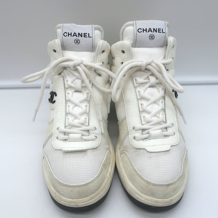 Chanel 22P High Top Sneakers White Mesh &amp; Ecru Suede Size 38