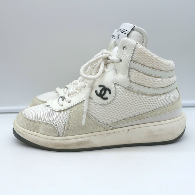 Chanel 22P High Top Sneakers White Mesh &amp; Ecru Suede Size 38