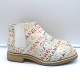 Chanel Graffiti Chelsea Boots Cream Canvas Size 38.5 Flat Ankle Boots