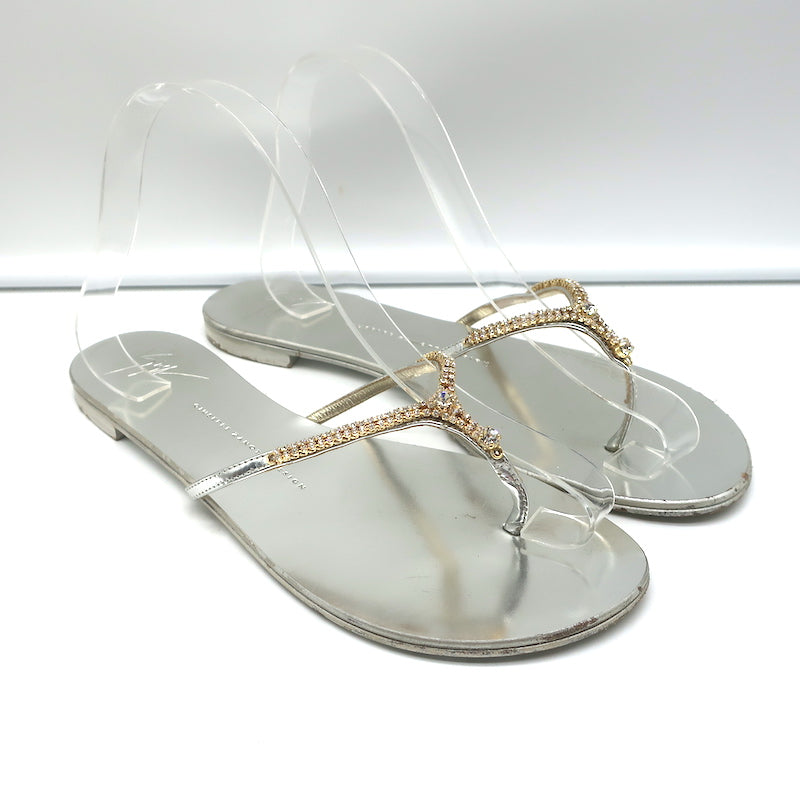 Giuseppe Zanotti Crystal Thong Sandals Silver Metallic Leather Size 40