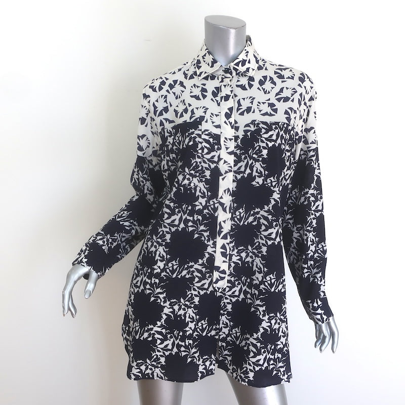Etro Shadow Floral Print Button Down Tunic Blouse Navy/White Silk Size 44