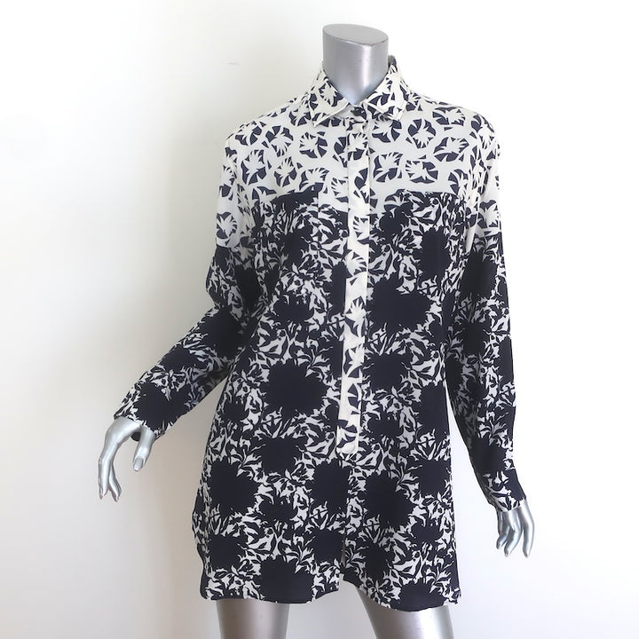 Etro Shadow Floral Print Button Down Tunic Blouse Navy/White Silk Size 44