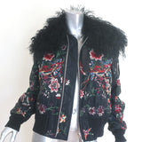 Sacai floral-embroidered black bomber jacket with lamb-fur collar, authentic pre-owned luxury, size 1