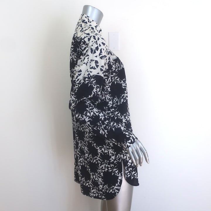 Etro Shadow Floral Print Button Down Tunic Blouse Navy/White Silk Size 44