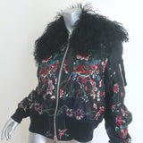 Sacai floral-embroidered black bomber jacket with lamb fur collar, pre-owned, gently worn, authentic luxury