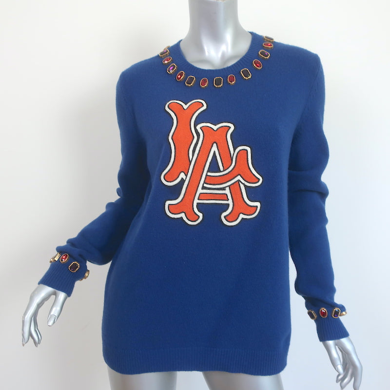 Gucci x MLB LA Angels Jeweled Crewneck Sweater Blue Wool Size 
