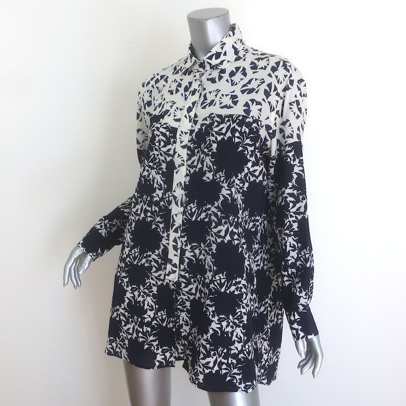Etro Shadow Floral Print Button Down Tunic Blouse Navy/White Silk Size 44