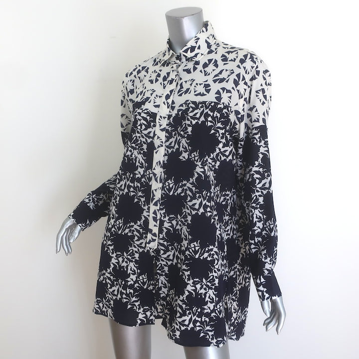 Etro Shadow Floral Print Button Down Tunic Blouse Navy/White Silk Size 44