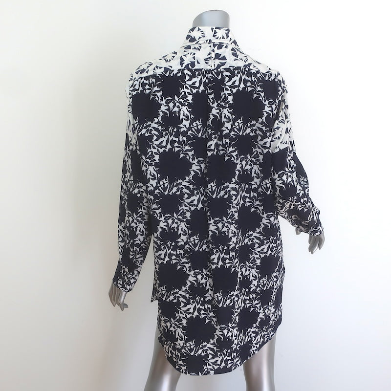 Etro Shadow Floral Print Button Down Tunic Blouse Navy/White Silk Size 44