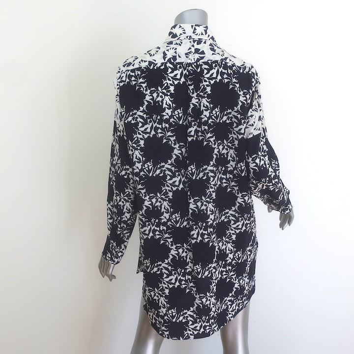 Etro Shadow Floral Print Button Down Tunic Blouse Navy/White Silk Size 44