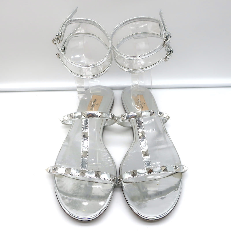 Valentino Rockstud &amp; PVC Ankle Strap Sandals Silver Metallic Leather Size 40