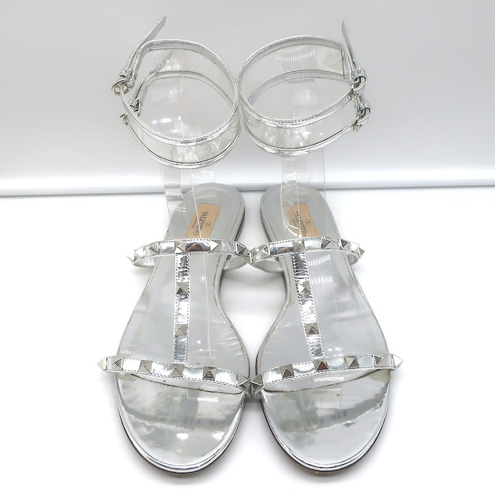 Valentino Rockstud &amp; PVC Ankle Strap Sandals Silver Metallic Leather Size 40