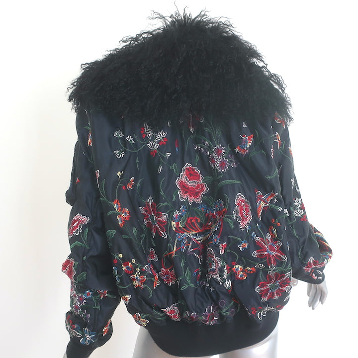 Sacai pre-owned black floral-embroidered bomber jacket with lamb fur collar, luxurious gently worn designer piece