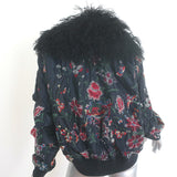 Sacai pre-owned black floral-embroidered bomber jacket with lamb fur collar, luxurious gently worn designer piece