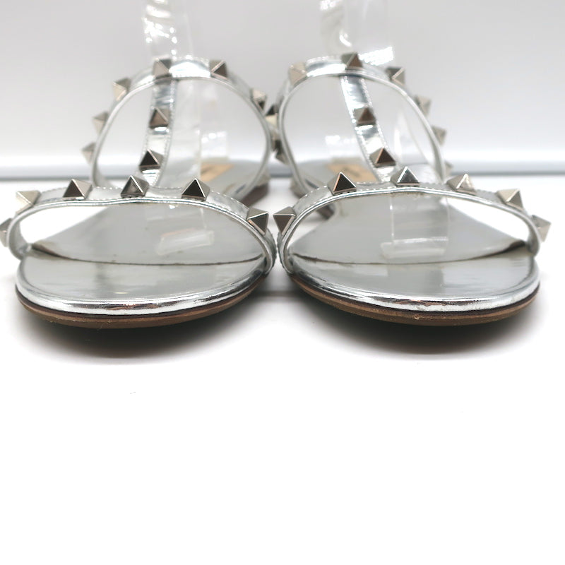 Valentino Rockstud &amp; PVC Ankle Strap Sandals Silver Metallic Leather Size 40