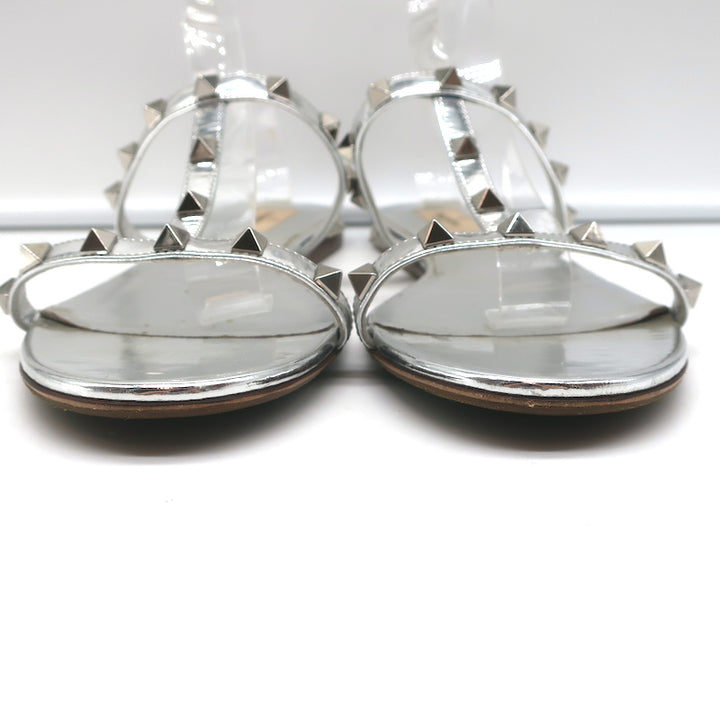 Valentino Rockstud &amp; PVC Ankle Strap Sandals Silver Metallic Leather Size 40