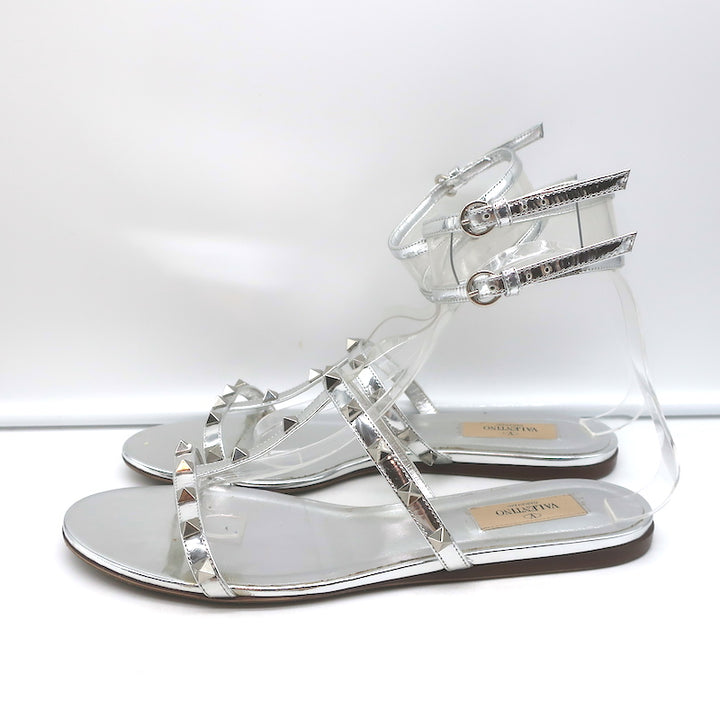 Valentino Rockstud &amp; PVC Ankle Strap Sandals Silver Metallic Leather Size 40