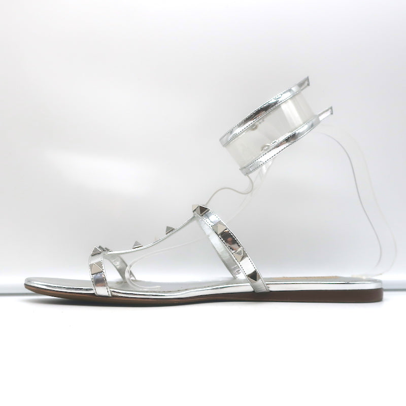 Valentino Rockstud &amp; PVC Ankle Strap Sandals Silver Metallic Leather Size 40