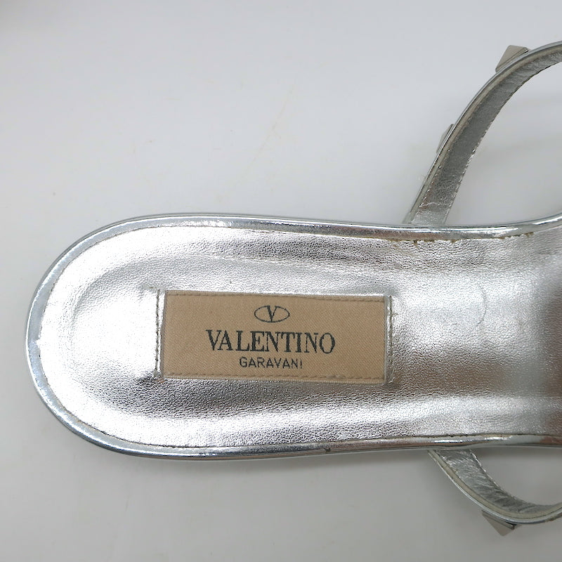 Valentino Rockstud &amp; PVC Ankle Strap Sandals Silver Metallic Leather Size 40