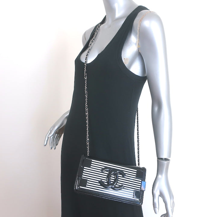 Chanel Boy Brick Striped Flap Bag Black &amp; White Patent Leather Small Crossbody