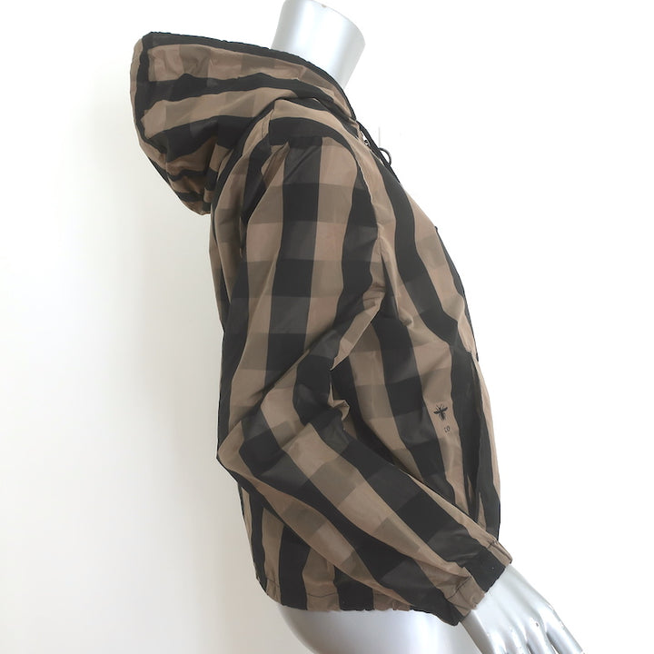 Christian Dior hooded windbreaker jacket in brown and black buffalo check, pre-owned, gently worn luxury outerwear