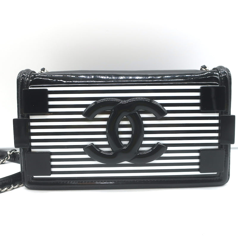 Chanel Boy Brick Striped Flap Bag Black &amp; White Patent Leather Small Crossbody