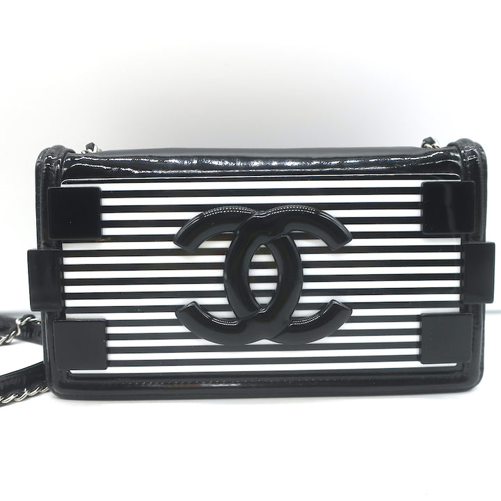 Chanel Boy Brick Striped Flap Bag Black &amp; White Patent Leather Small Crossbody