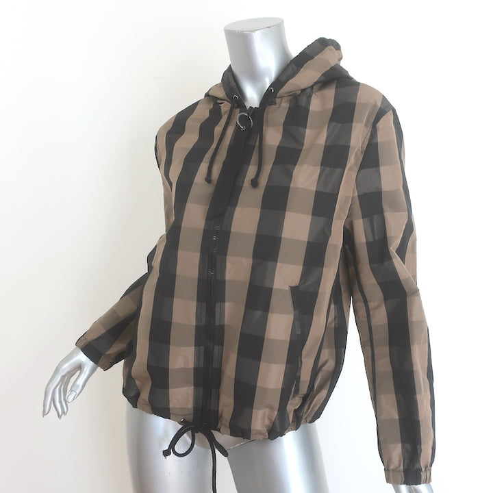 Christian Dior hooded windbreaker jacket, brown-and-black buffalo-check, authentic pre-owned gently worn luxury outerwear