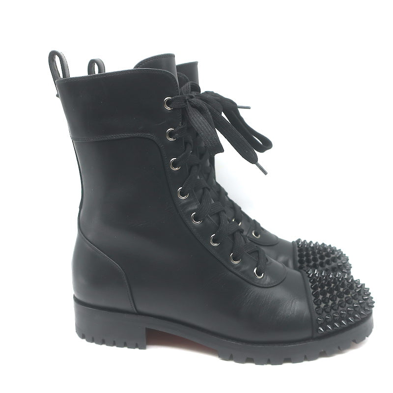Christian Louboutin Croc Studded Cap Toe Combat Boots Black Leather Size 37