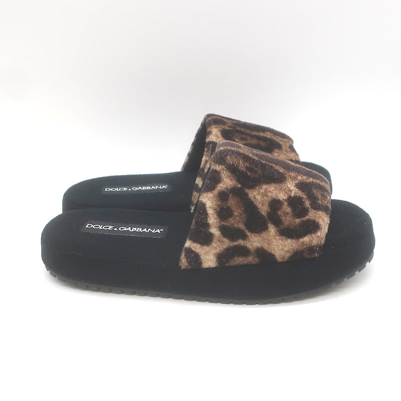 Dolce &amp; Gabbana Leopard Print Padded Terry Slipper Sandals Brown/Black Size 36